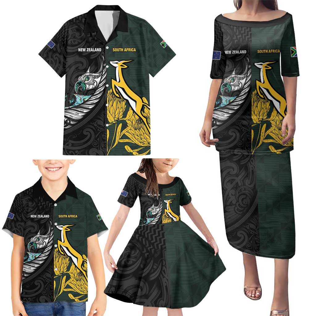 New Zealand and South Africa Rugby Custom Family Matching Puletasi and Hawaiian Shirt Silver Fern With Springboks