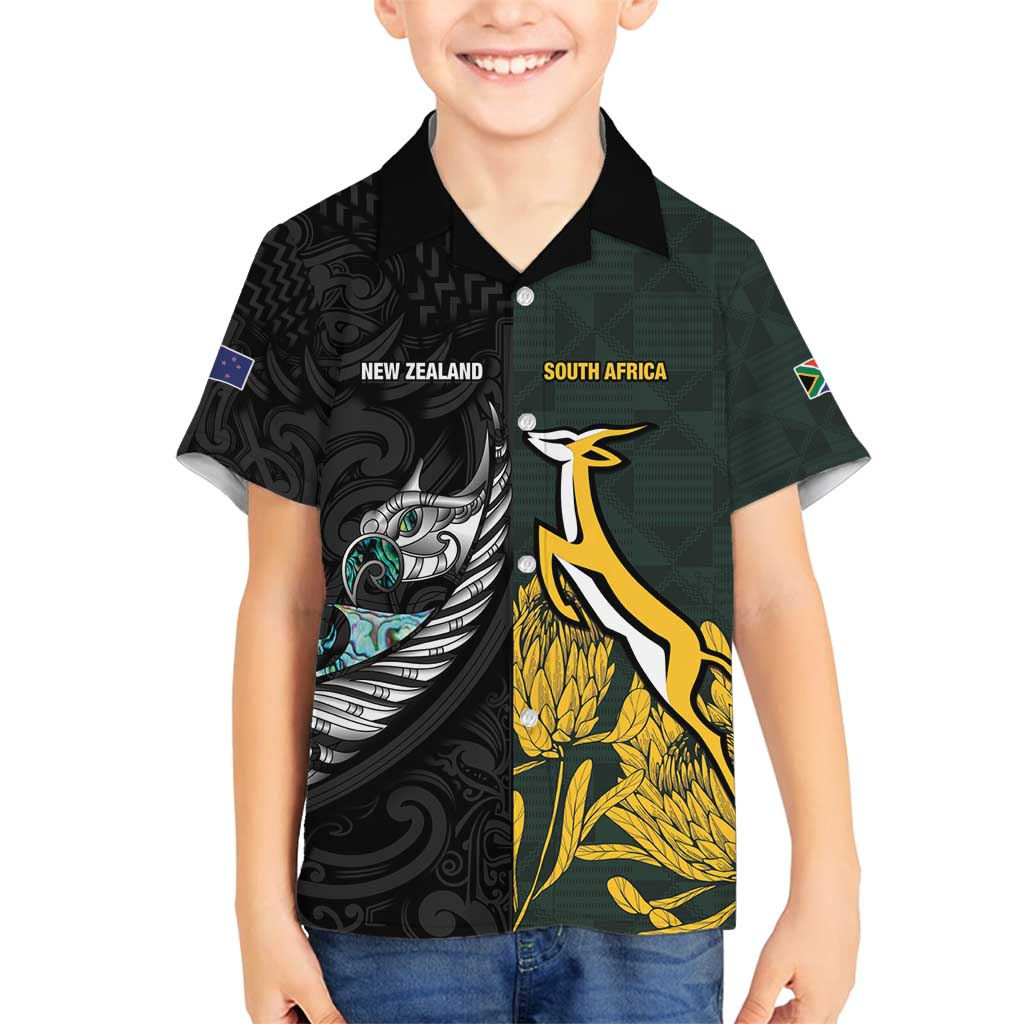 New Zealand and South Africa Rugby Custom Family Matching Puletasi and Hawaiian Shirt Silver Fern With Springboks