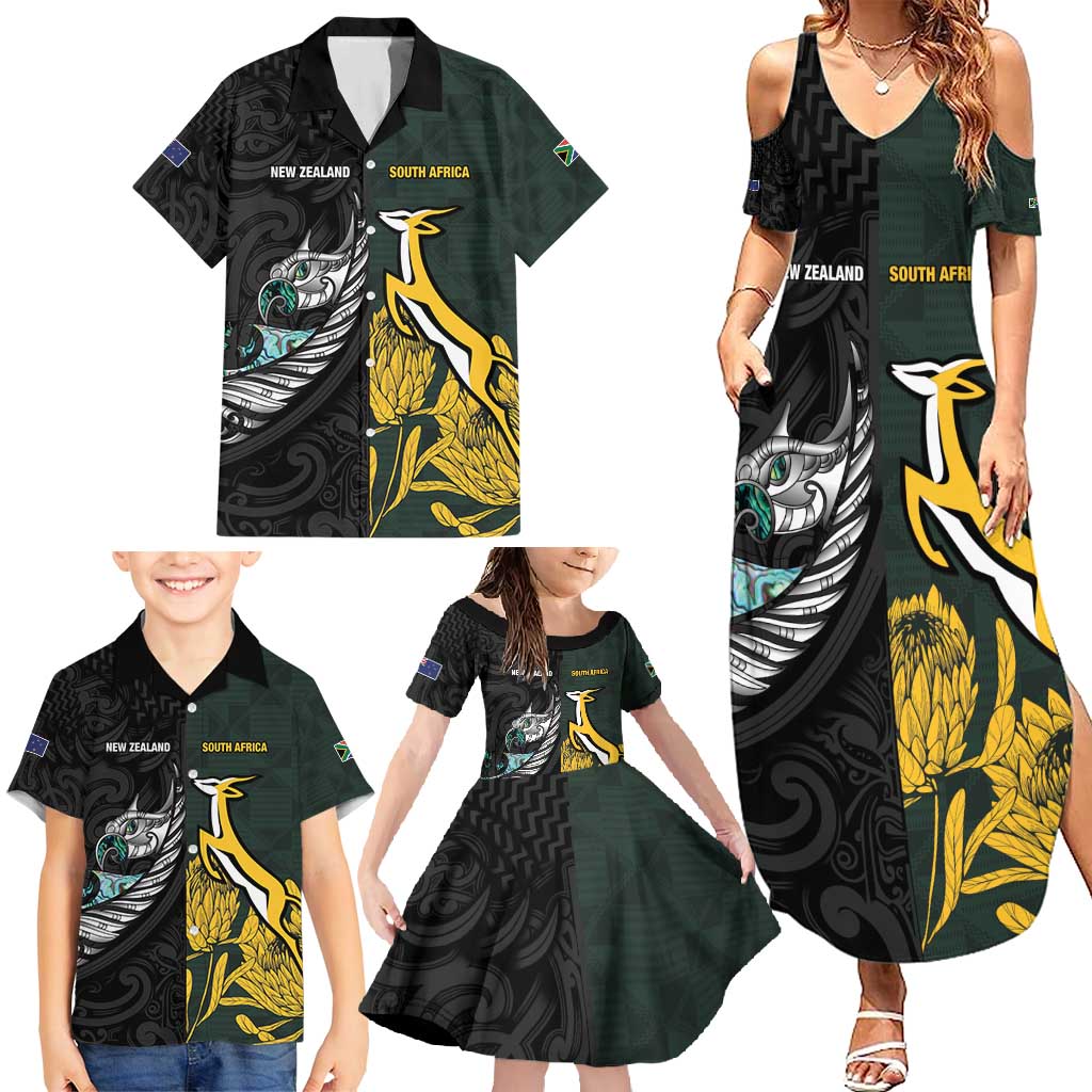 New Zealand and South Africa Rugby Custom Family Matching Summer Maxi Dress and Hawaiian Shirt Silver Fern With Springboks