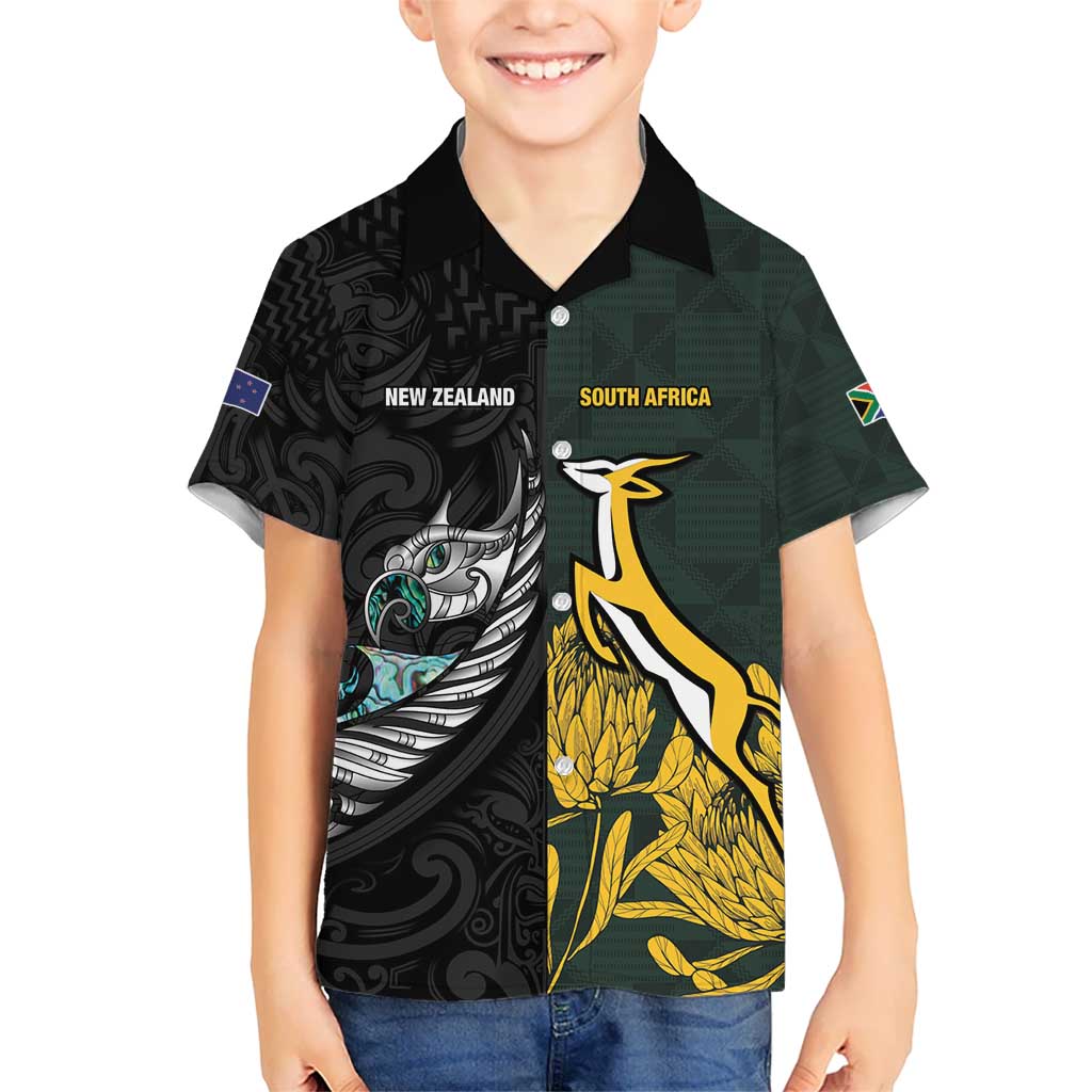 New Zealand and South Africa Rugby Custom Kid Hawaiian Shirt Silver Fern With Springboks