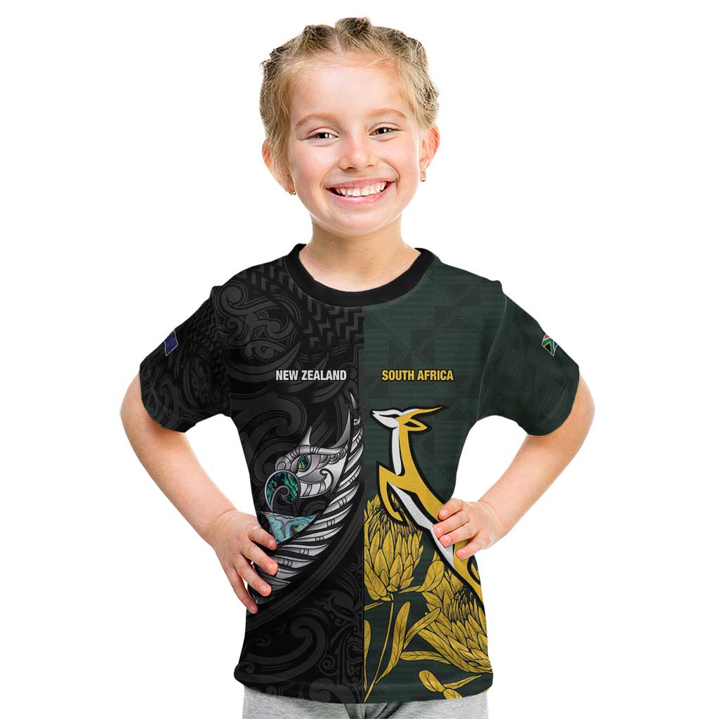 New Zealand and South Africa Rugby Custom Kid T Shirt Silver Fern With Springboks