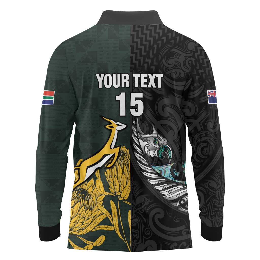 New Zealand and South Africa Rugby Custom Long Sleeve Polo Shirt Silver Fern With Springboks
