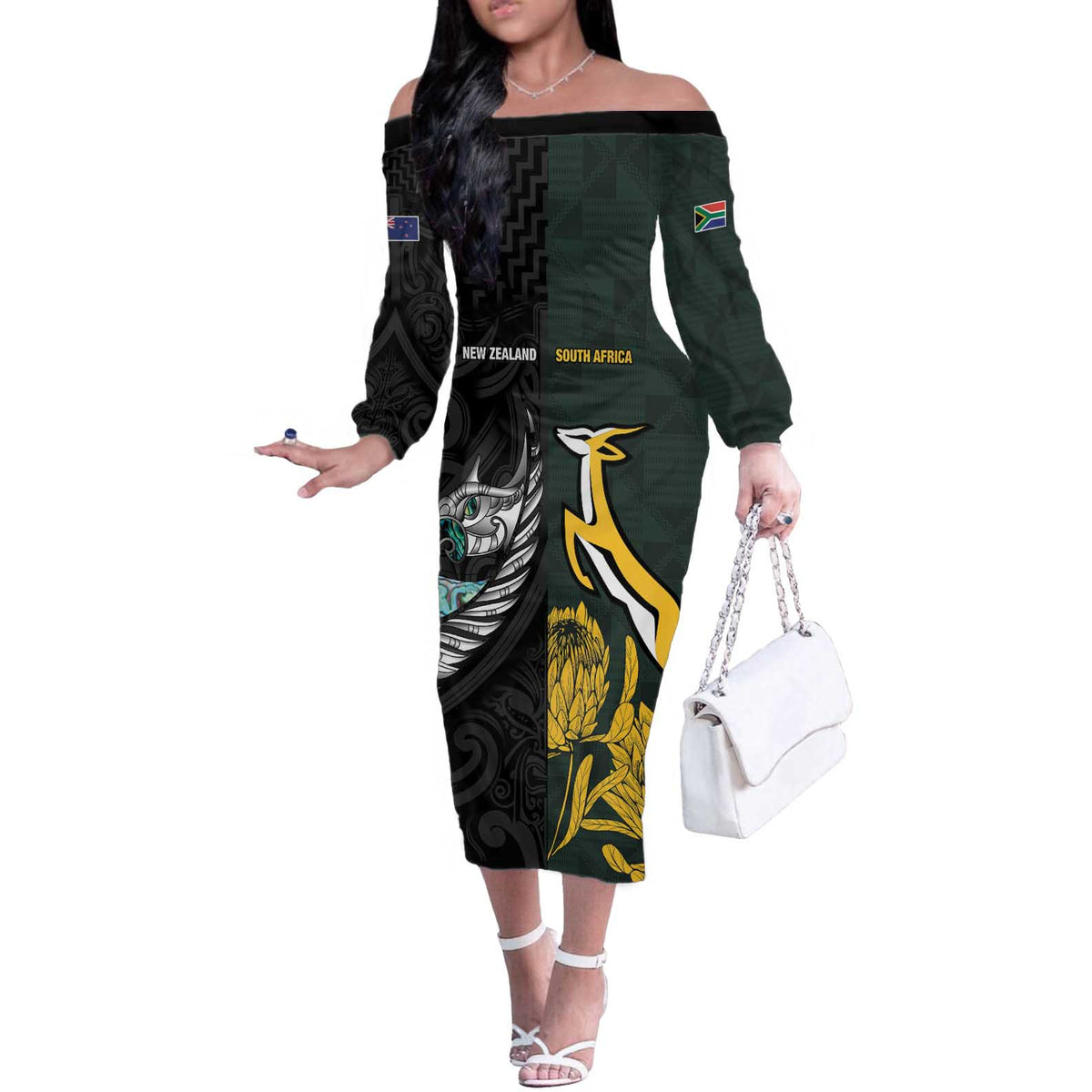 New Zealand and South Africa Rugby Custom Off The Shoulder Long Sleeve Dress Silver Fern With Springboks