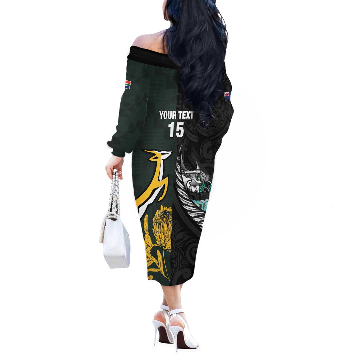 New Zealand and South Africa Rugby Custom Off The Shoulder Long Sleeve Dress Silver Fern With Springboks