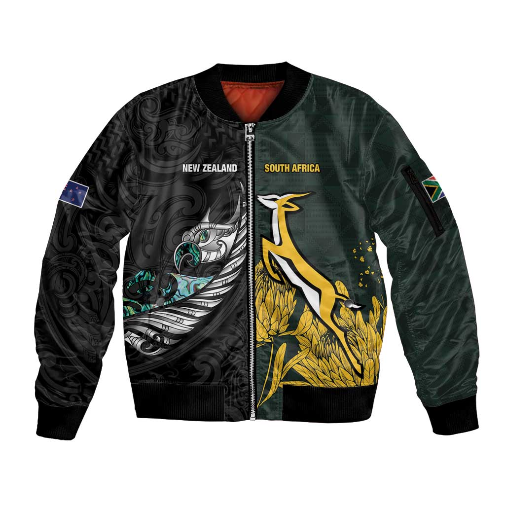 New Zealand and South Africa Rugby Custom Sleeve Zip Bomber Jacket Silver Fern With Springboks