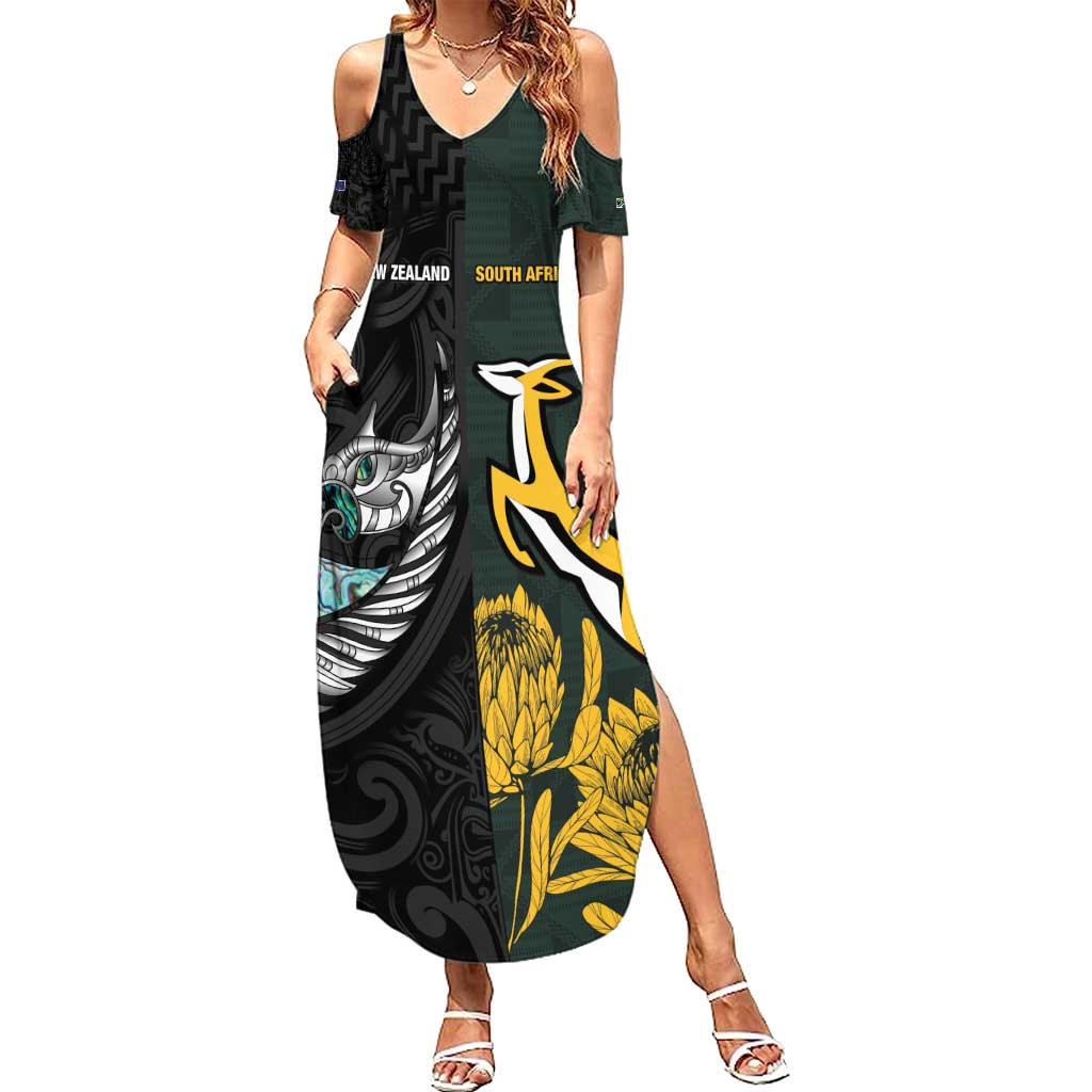New Zealand and South Africa Rugby Custom Summer Maxi Dress Silver Fern With Springboks