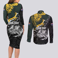 New Zealand and South Africa Rugby Personalised Couples Matching Long Sleeve Bodycon Dress and Long Sleeve Button Shirt Maori Kiwi With Springboks
