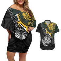 New Zealand and South Africa Rugby Personalised Couples Matching Off Shoulder Short Dress and Hawaiian Shirt Maori Kiwi With Springboks
