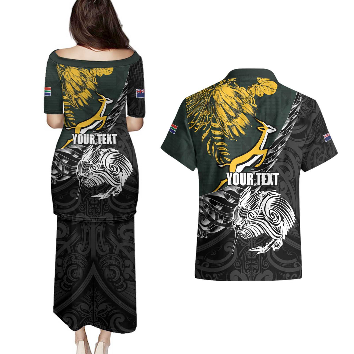 New Zealand and South Africa Rugby Personalised Couples Matching Puletasi and Hawaiian Shirt Maori Kiwi With Springboks