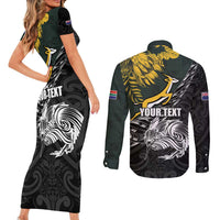 New Zealand and South Africa Rugby Personalised Couples Matching Short Sleeve Bodycon Dress and Long Sleeve Button Shirt Maori Kiwi With Springboks