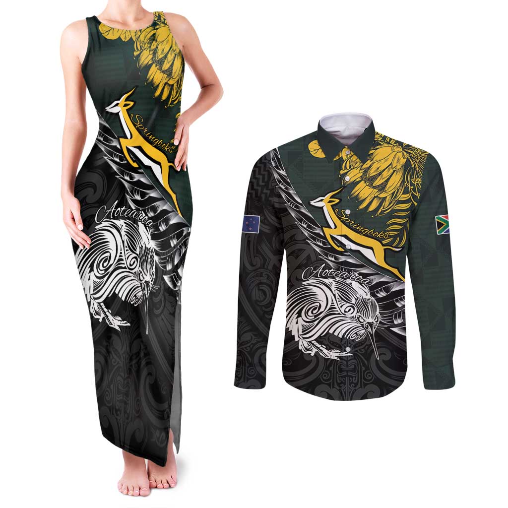 New Zealand and South Africa Rugby Personalised Couples Matching Tank Maxi Dress and Long Sleeve Button Shirt Maori Kiwi With Springboks