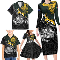 New Zealand and South Africa Rugby Personalised Family Matching Long Sleeve Bodycon Dress and Hawaiian Shirt Maori Kiwi With Springboks