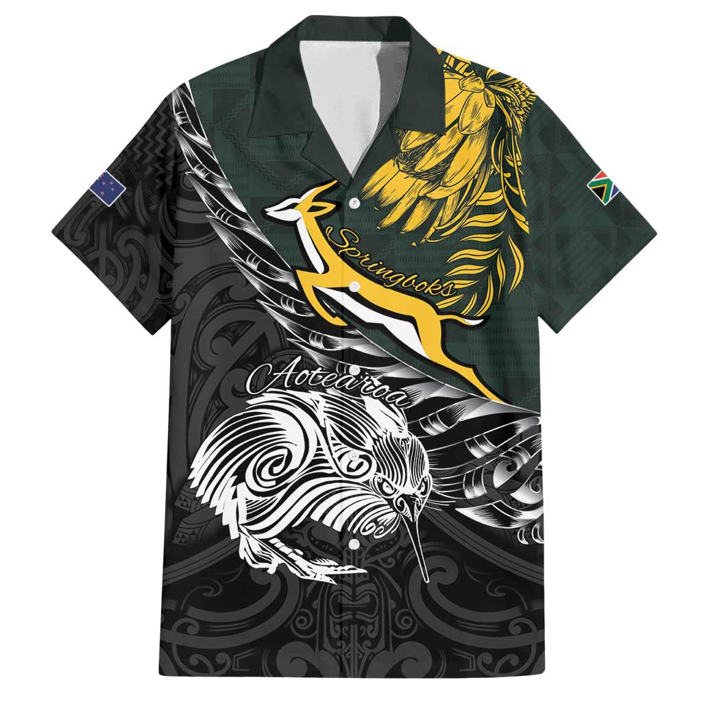 New Zealand and South Africa Rugby Personalised Family Matching Long Sleeve Bodycon Dress and Hawaiian Shirt Maori Kiwi With Springboks