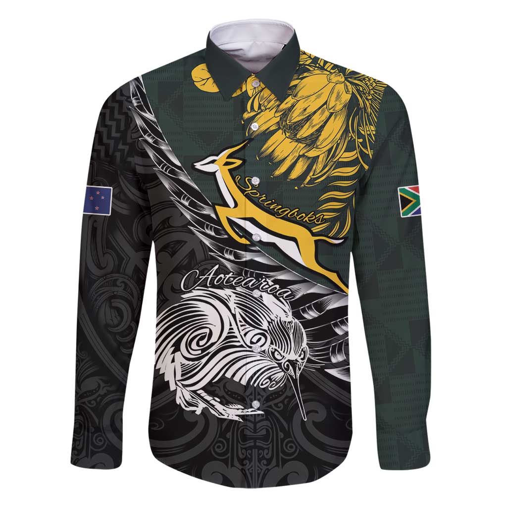 New Zealand and South Africa Rugby Personalised Family Matching Long Sleeve Bodycon Dress and Hawaiian Shirt Maori Kiwi With Springboks