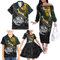 New Zealand and South Africa Rugby Personalised Family Matching Off The Shoulder Long Sleeve Dress and Hawaiian Shirt Maori Kiwi With Springboks
