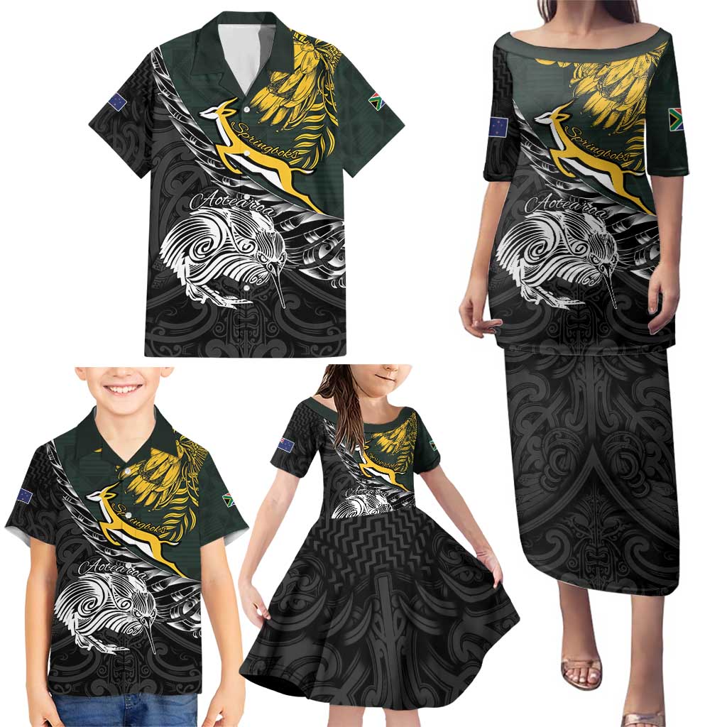 New Zealand and South Africa Rugby Personalised Family Matching Puletasi and Hawaiian Shirt Maori Kiwi With Springboks