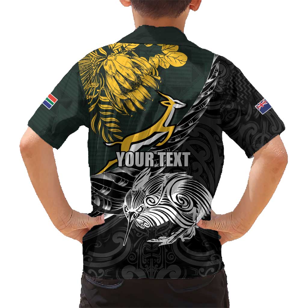 New Zealand and South Africa Rugby Personalised Family Matching Short Sleeve Bodycon Dress and Hawaiian Shirt Maori Kiwi With Springboks