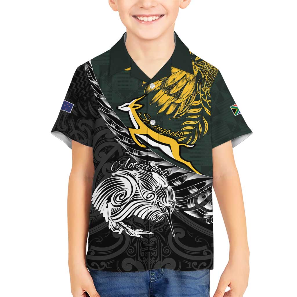 New Zealand and South Africa Rugby Personalised Family Matching Short Sleeve Bodycon Dress and Hawaiian Shirt Maori Kiwi With Springboks