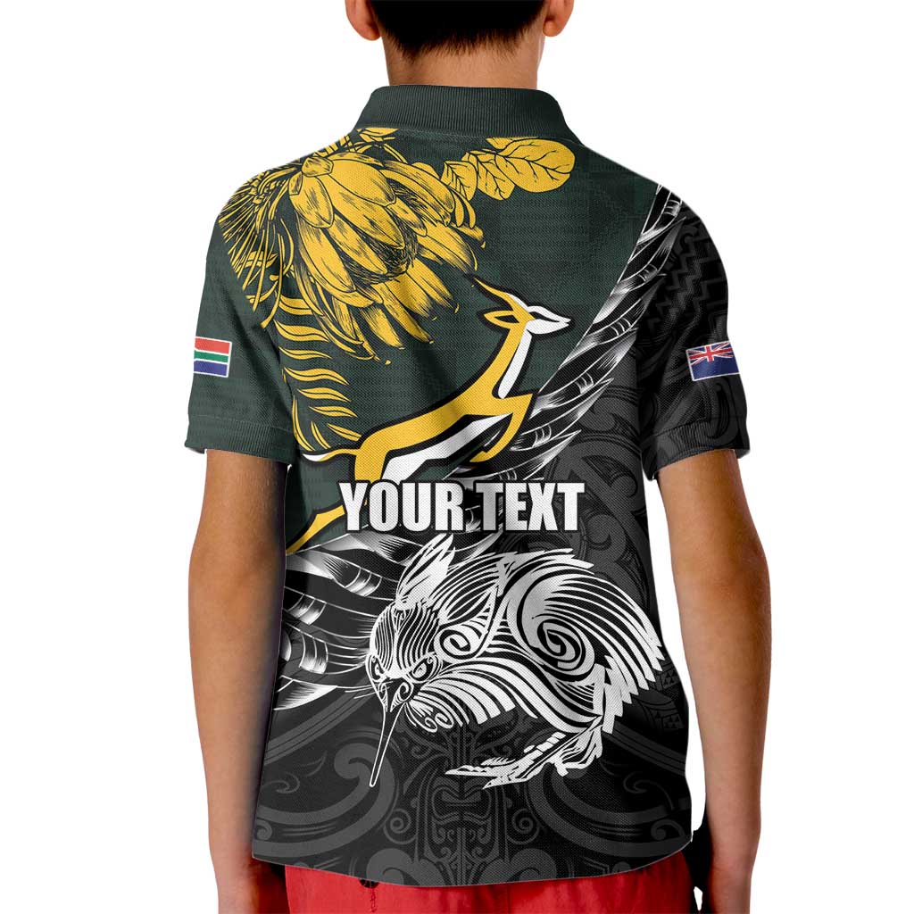 New Zealand and South Africa Rugby Personalised Kid Polo Shirt Maori Kiwi With Springboks