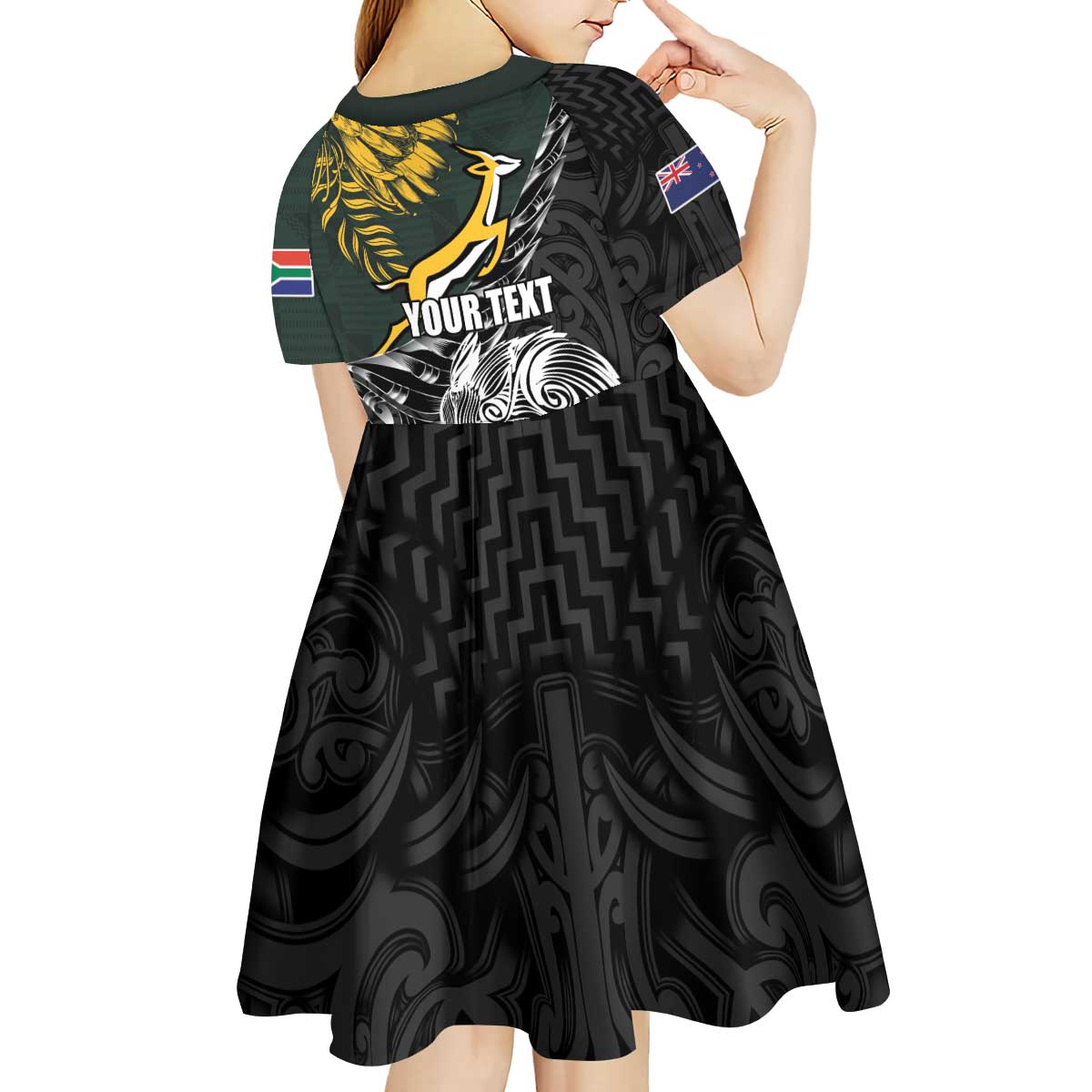New Zealand and South Africa Rugby Personalised Kid Short Sleeve Dress Maori Kiwi With Springboks