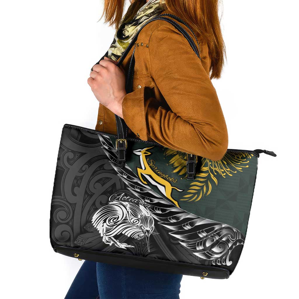 New Zealand and South Africa Rugby Leather Tote Bag Maori Kiwi With Springboks