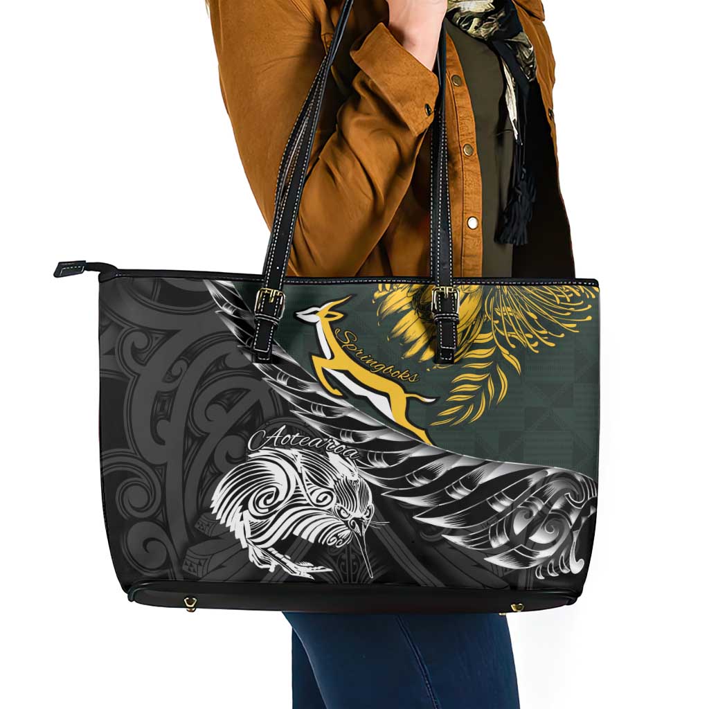 New Zealand and South Africa Rugby Leather Tote Bag Maori Kiwi With Springboks