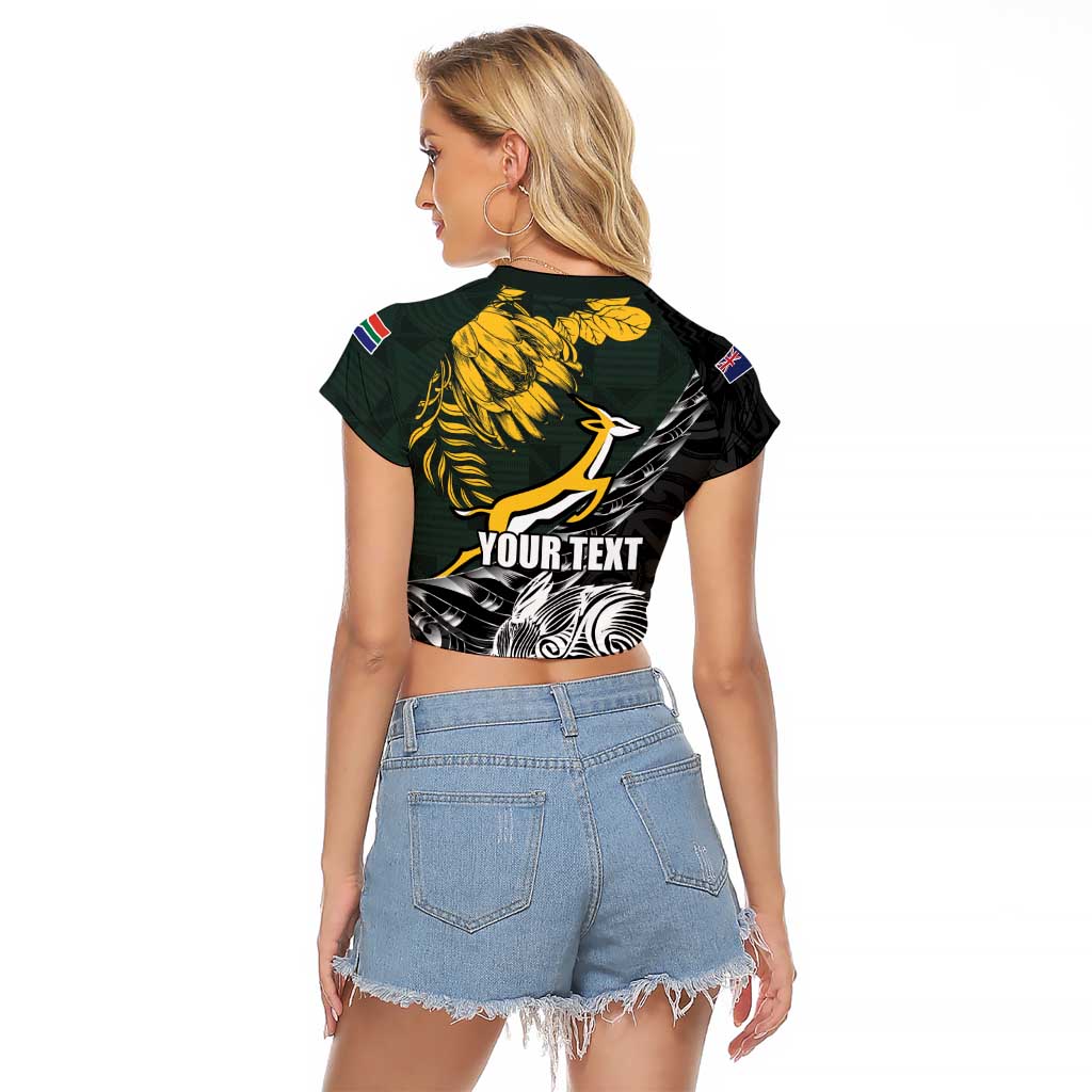 New Zealand and South Africa Rugby Personalised Raglan Cropped T Shirt Maori Kiwi With Springboks