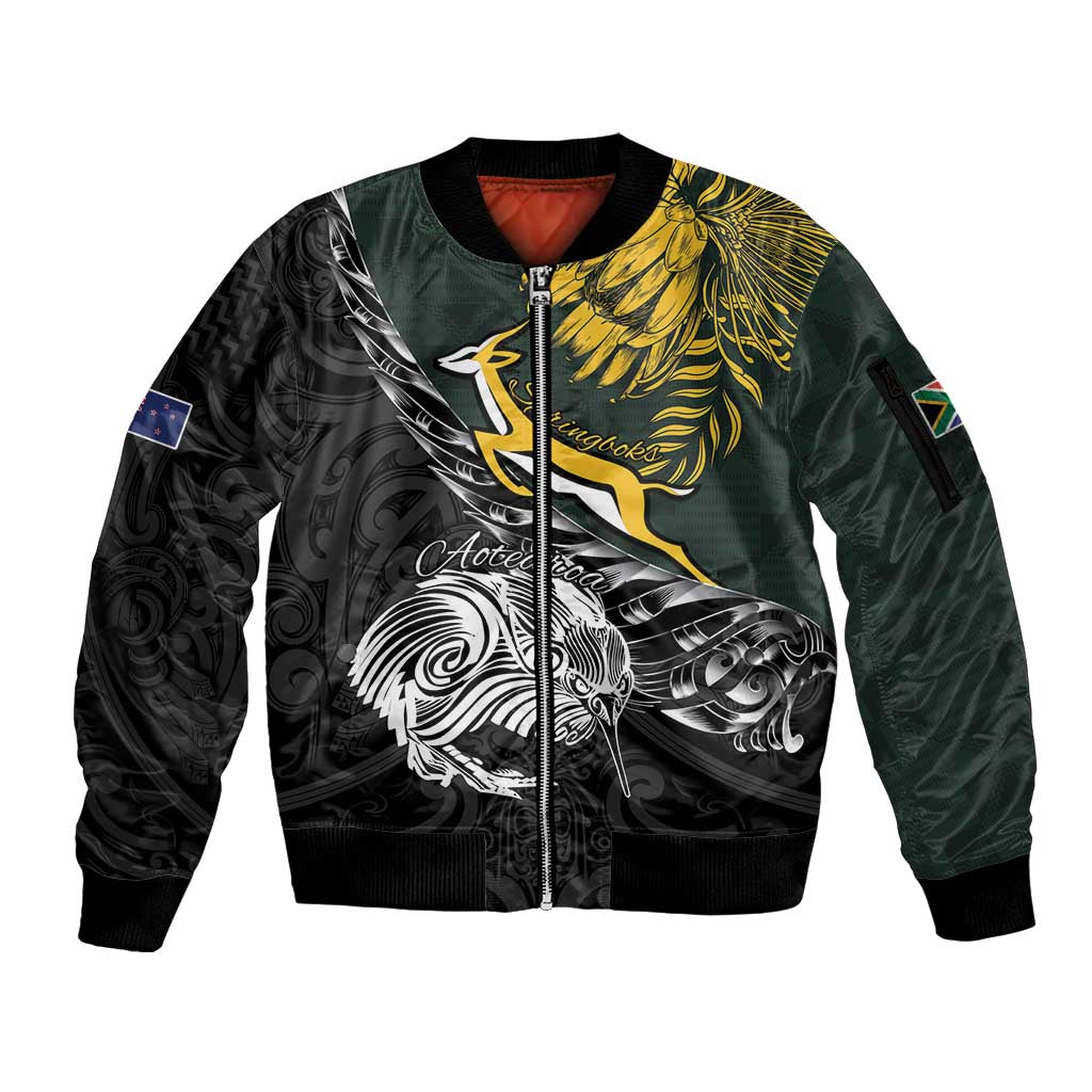 New Zealand and South Africa Rugby Personalised Sleeve Zip Bomber Jacket Maori Kiwi With Springboks