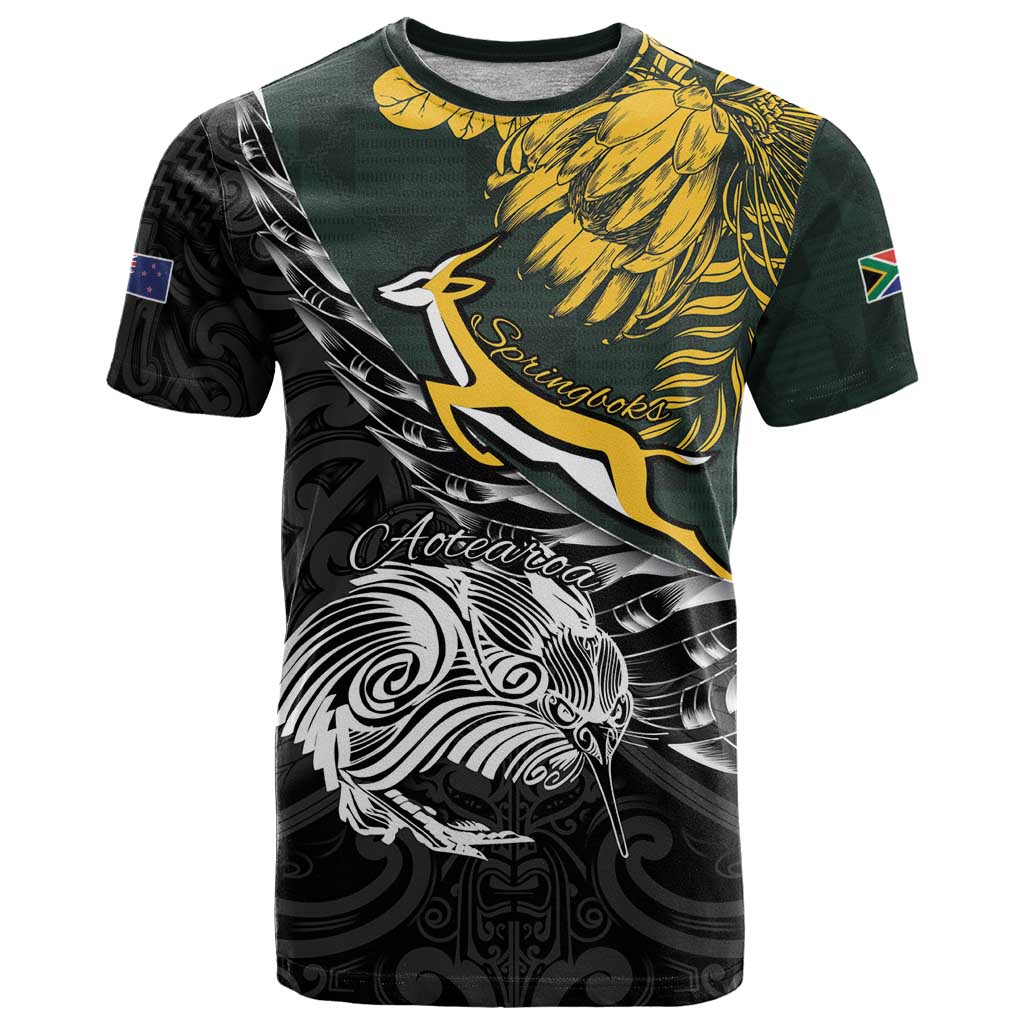 New Zealand and South Africa Rugby Personalised T Shirt Maori Kiwi With Springboks