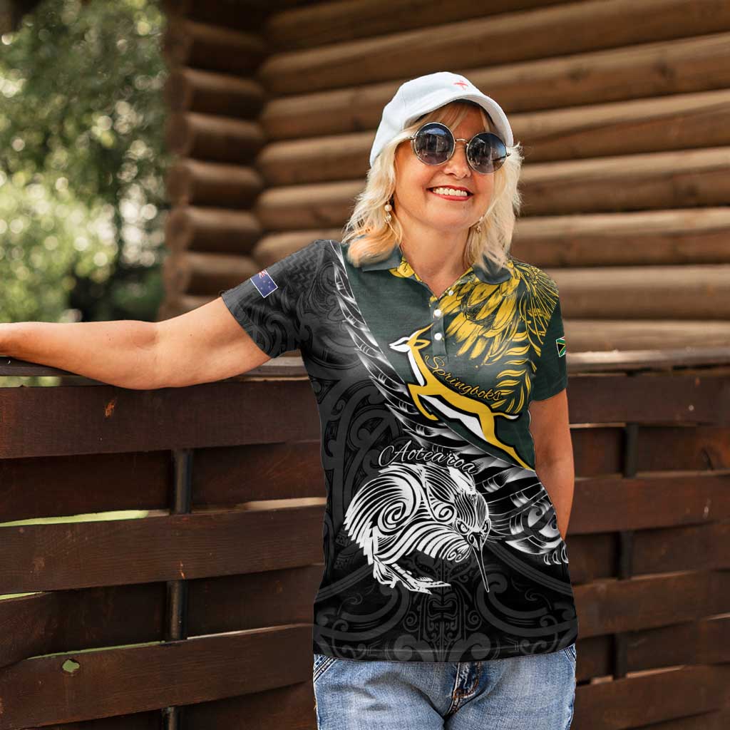 New Zealand and South Africa Rugby Personalised Women Polo Shirt Maori Kiwi With Springboks