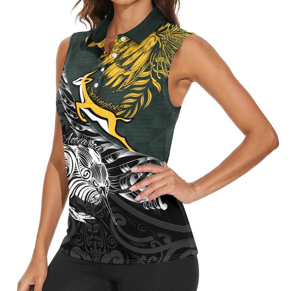 New Zealand and South Africa Rugby Personalised Women Sleeveless Polo Shirt Maori Kiwi With Springboks