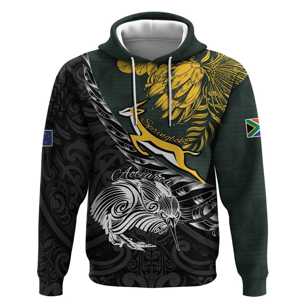 New Zealand and South Africa Rugby Personalised Zip Hoodie Maori Kiwi With Springboks