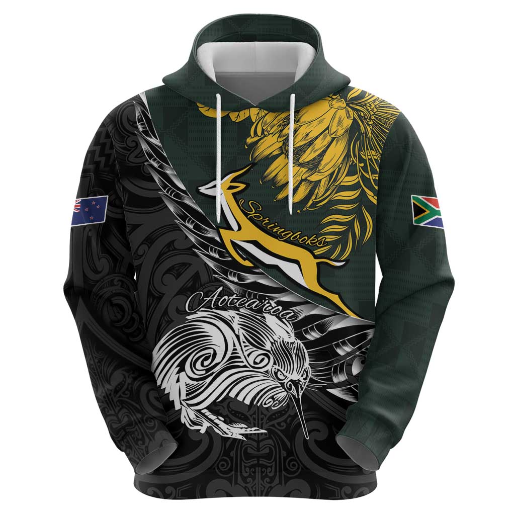 New Zealand and South Africa Rugby Personalised Zip Hoodie Maori Kiwi With Springboks