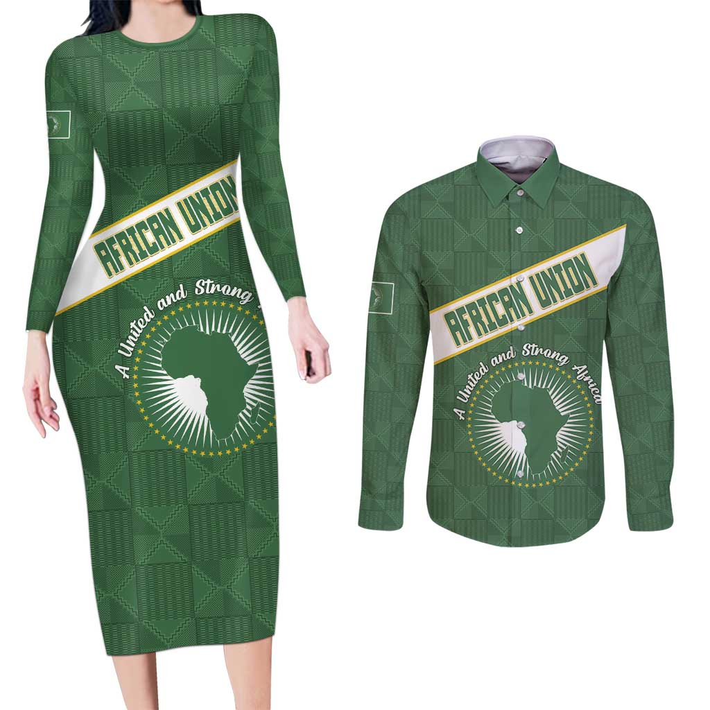 Personalized African Union Day Couples Matching Long Sleeve Bodycon Dress and Long Sleeve Button Shirt Emblem With Kente Pattern - Wonder Print Shop