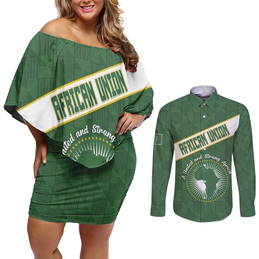 Personalized African Union Day Couples Matching Off Shoulder Short Dress and Long Sleeve Button Shirt Emblem With Kente Pattern - Wonder Print Shop