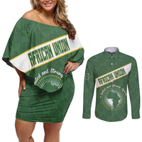 Personalized African Union Day Couples Matching Off Shoulder Short Dress and Long Sleeve Button Shirt Emblem With Kente Pattern - Wonder Print Shop