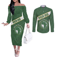 Personalized African Union Day Couples Matching Off The Shoulder Long Sleeve Dress and Long Sleeve Button Shirt Emblem With Kente Pattern - Wonder Print Shop