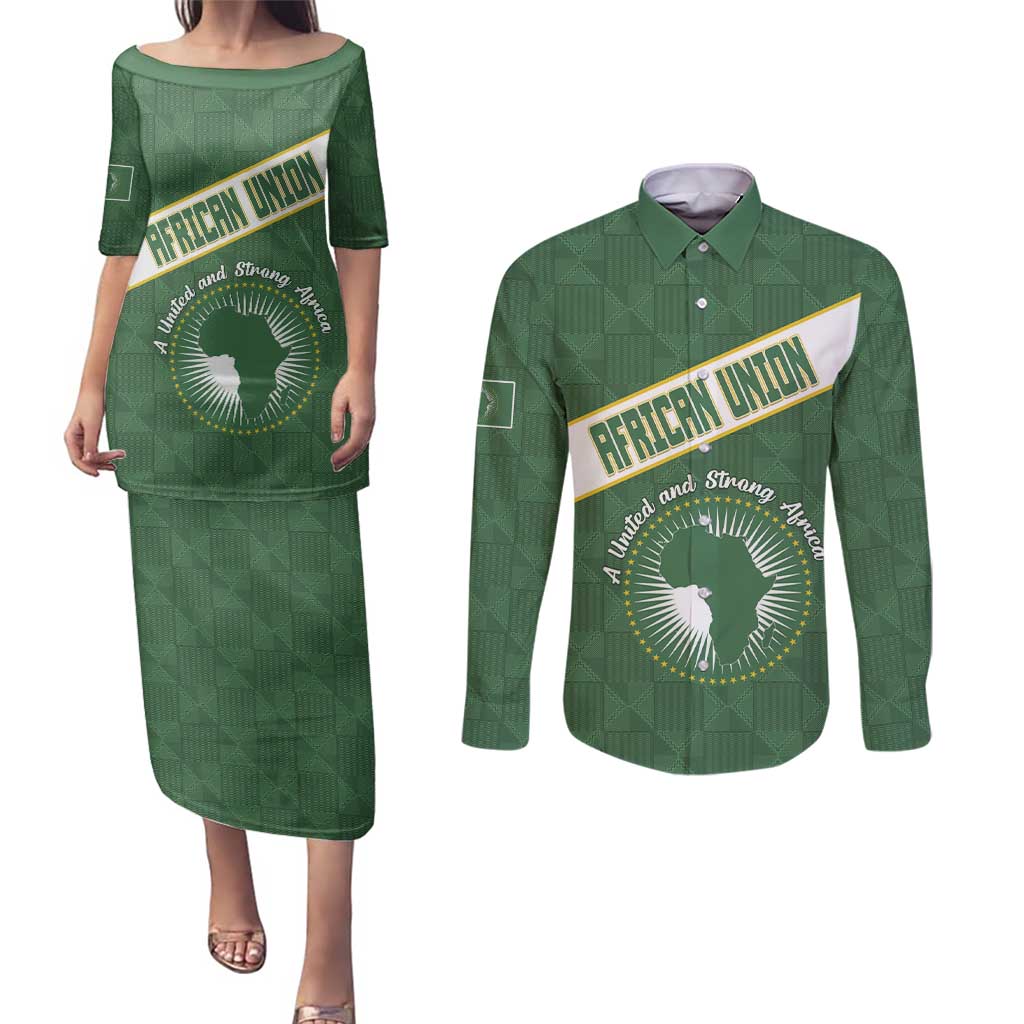 Personalized African Union Day Couples Matching Puletasi and Long Sleeve Button Shirt Emblem With Kente Pattern - Wonder Print Shop