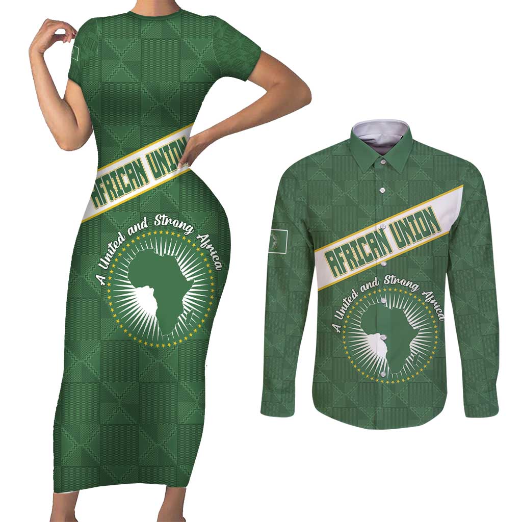 Personalized African Union Day Couples Matching Short Sleeve Bodycon Dress and Long Sleeve Button Shirt Emblem With Kente Pattern - Wonder Print Shop