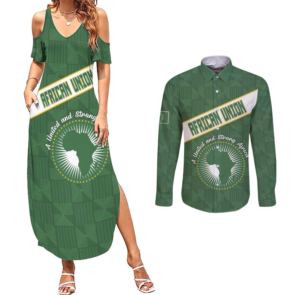 Personalized African Union Day Couples Matching Summer Maxi Dress and Long Sleeve Button Shirt Emblem With Kente Pattern - Wonder Print Shop