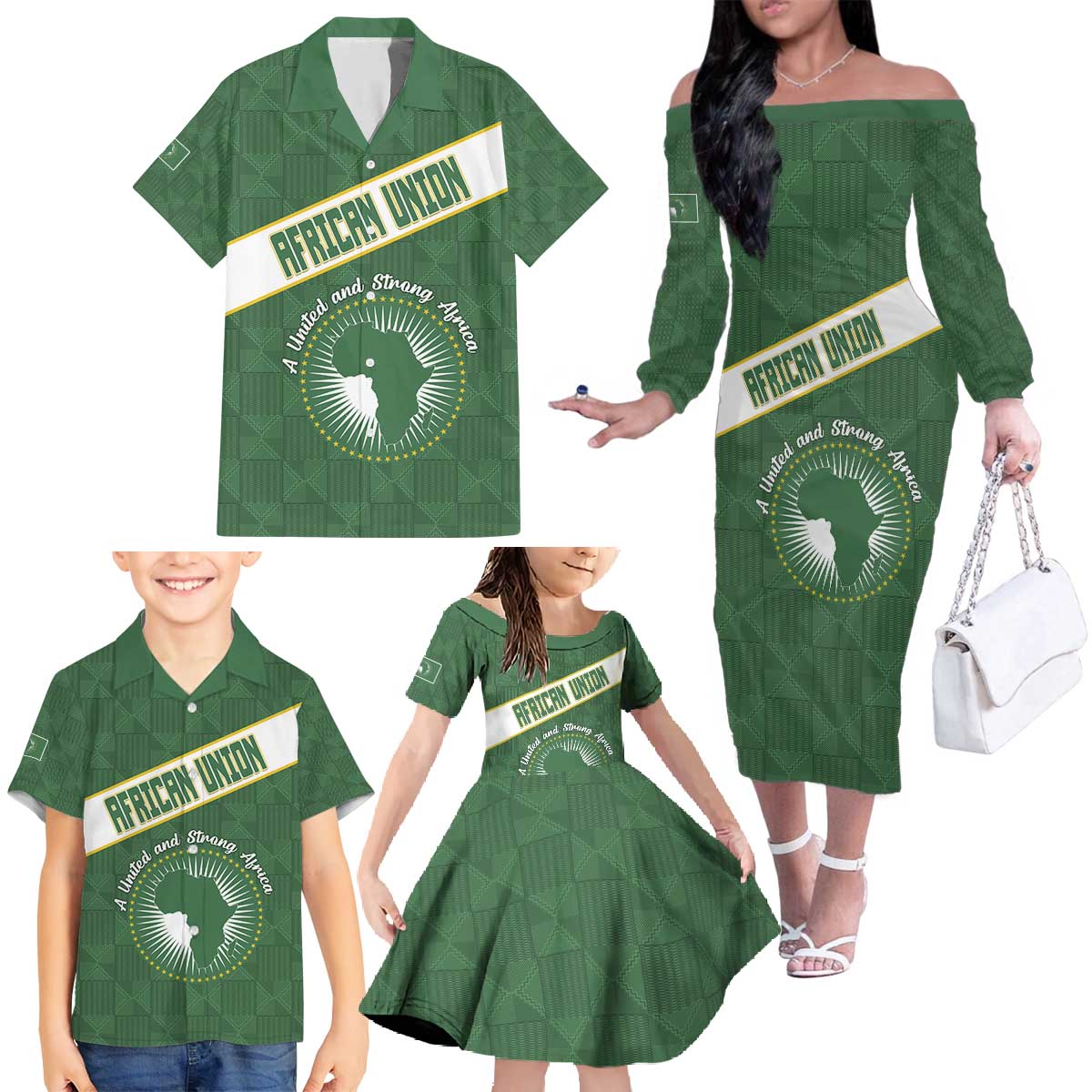 Personalized African Union Day Family Matching Off The Shoulder Long Sleeve Dress and Hawaiian Shirt Emblem With Kente Pattern - Wonder Print Shop