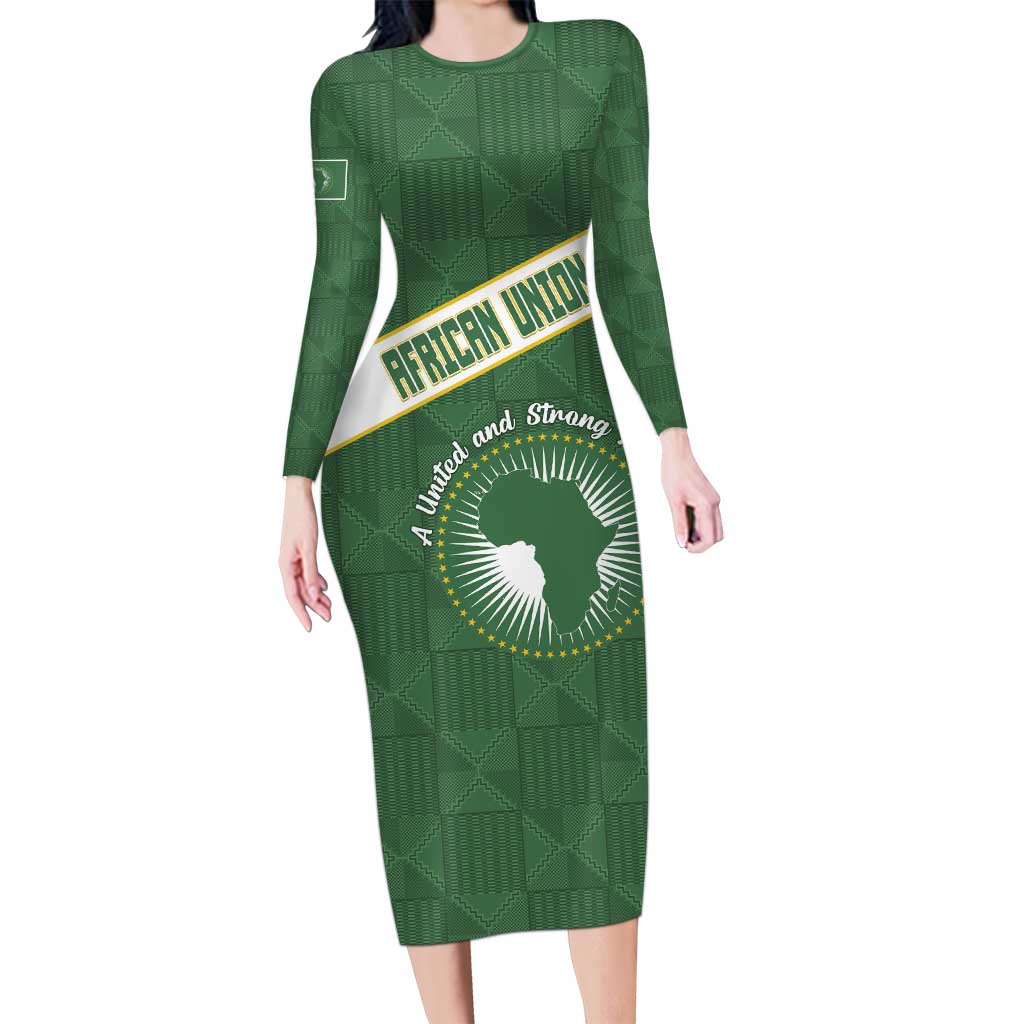 Personalized African Union Day Long Sleeve Bodycon Dress Emblem With Kente Pattern - Wonder Print Shop