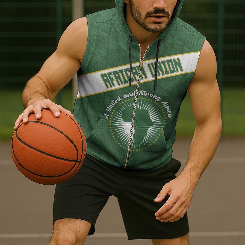 Personalized African Union Day Sleeveless Zip Hoodie Emblem With Kente Pattern - Wonder Print Shop