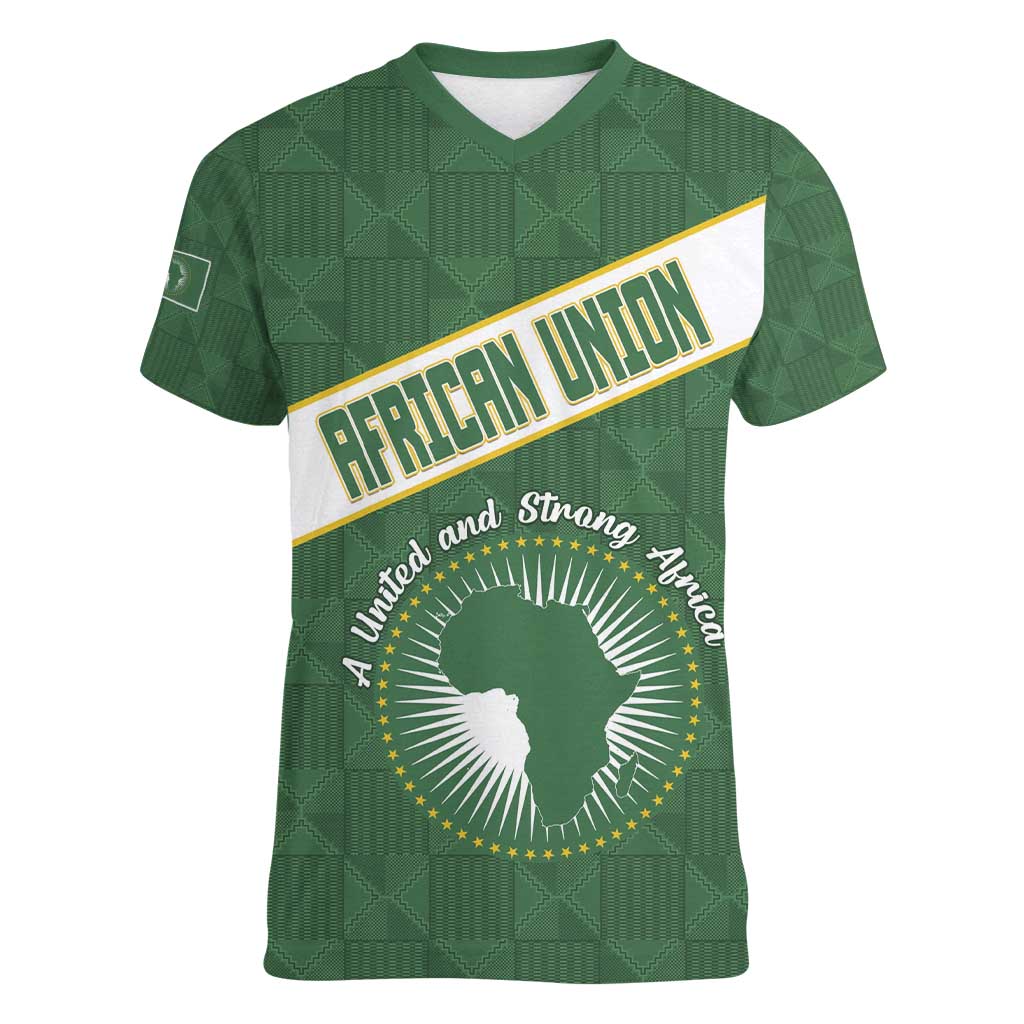Personalized African Union Day Women V-Neck T-Shirt Emblem With Kente Pattern - Wonder Print Shop