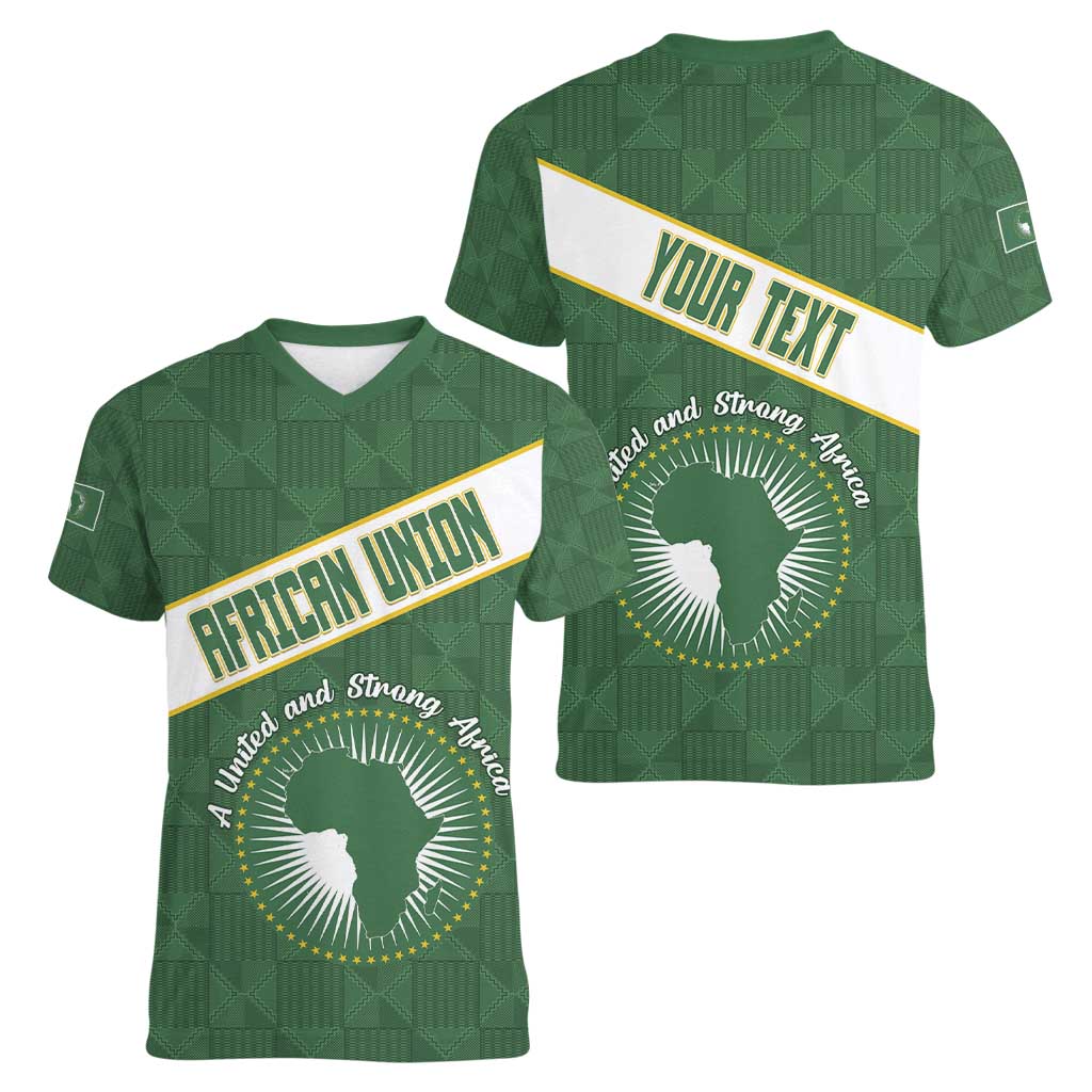 Personalized African Union Day Women V-Neck T-Shirt Emblem With Kente Pattern - Wonder Print Shop