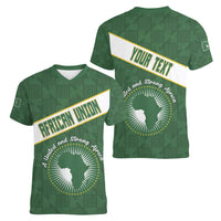 Personalized African Union Day Women V-Neck T-Shirt Emblem With Kente Pattern - Wonder Print Shop
