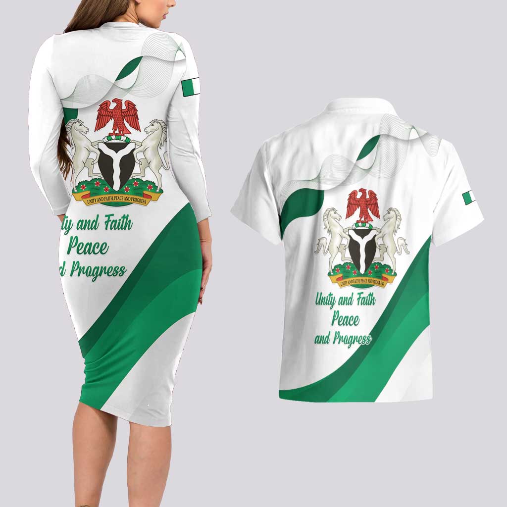 Personalized Nigeria Independence Day Couples Matching Long Sleeve Bodycon Dress and Hawaiian Shirt Unity and Faith Peace and Progress - Wonder Print Shop