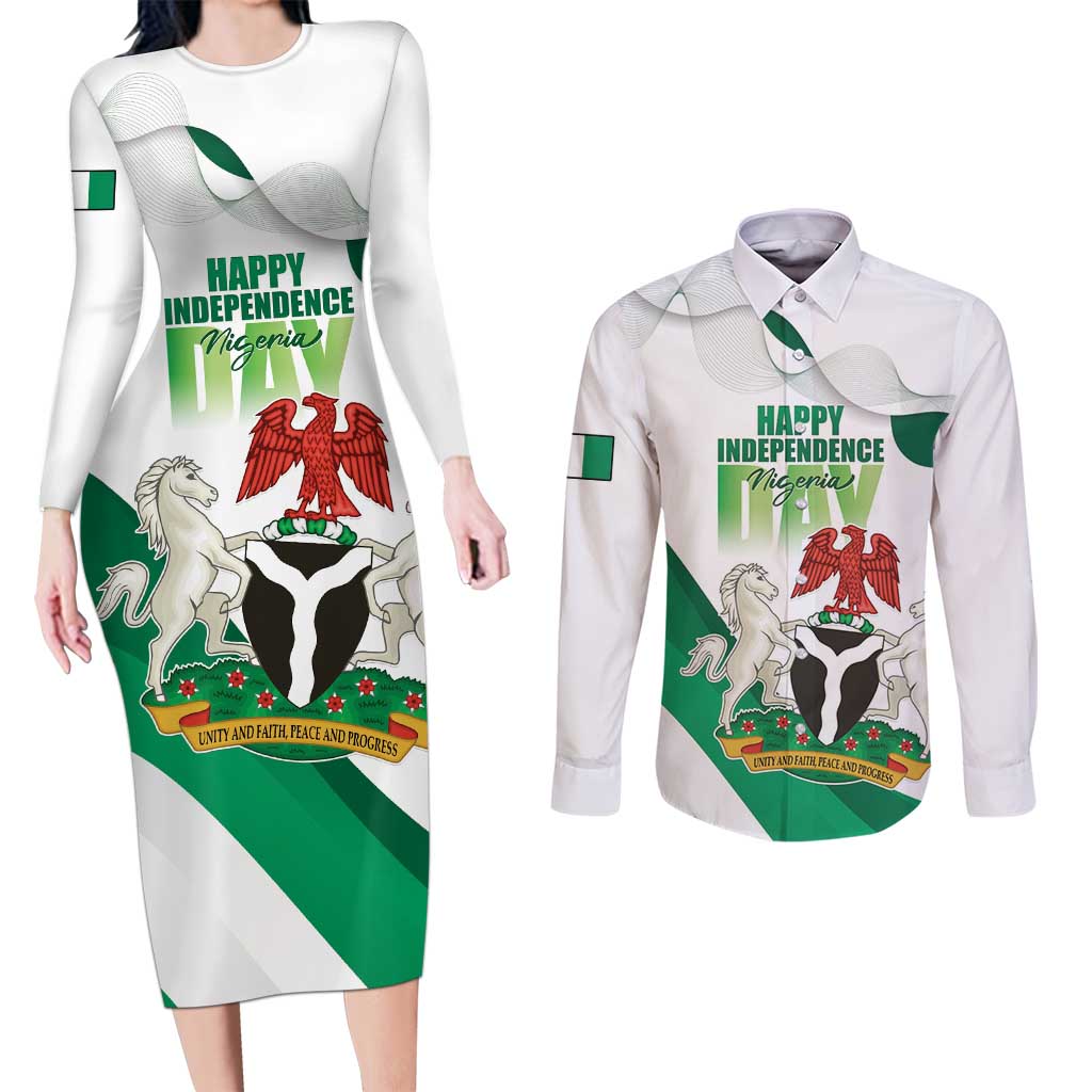 Personalized Nigeria Independence Day Couples Matching Long Sleeve Bodycon Dress and Long Sleeve Button Shirt Unity and Faith Peace and Progress - Wonder Print Shop