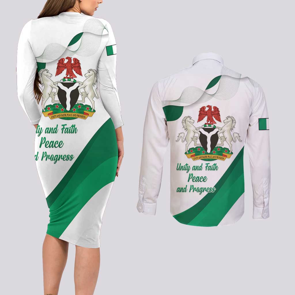 Personalized Nigeria Independence Day Couples Matching Long Sleeve Bodycon Dress and Long Sleeve Button Shirt Unity and Faith Peace and Progress - Wonder Print Shop