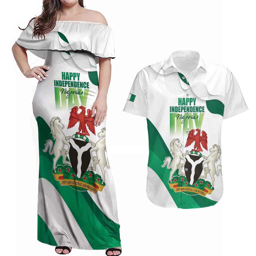 Personalized Nigeria Independence Day Couples Matching Off Shoulder Maxi Dress and Hawaiian Shirt Unity and Faith Peace and Progress - Wonder Print Shop